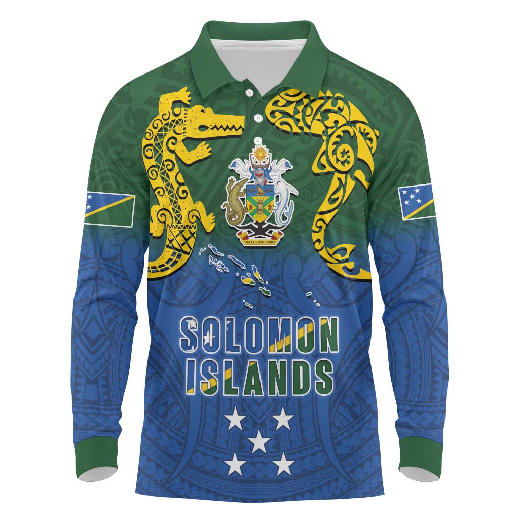 Solomon Islands Long Sleeve Polo Shirt The Guardians-Tribal Crocodile and Shark Melanesian Tattoo