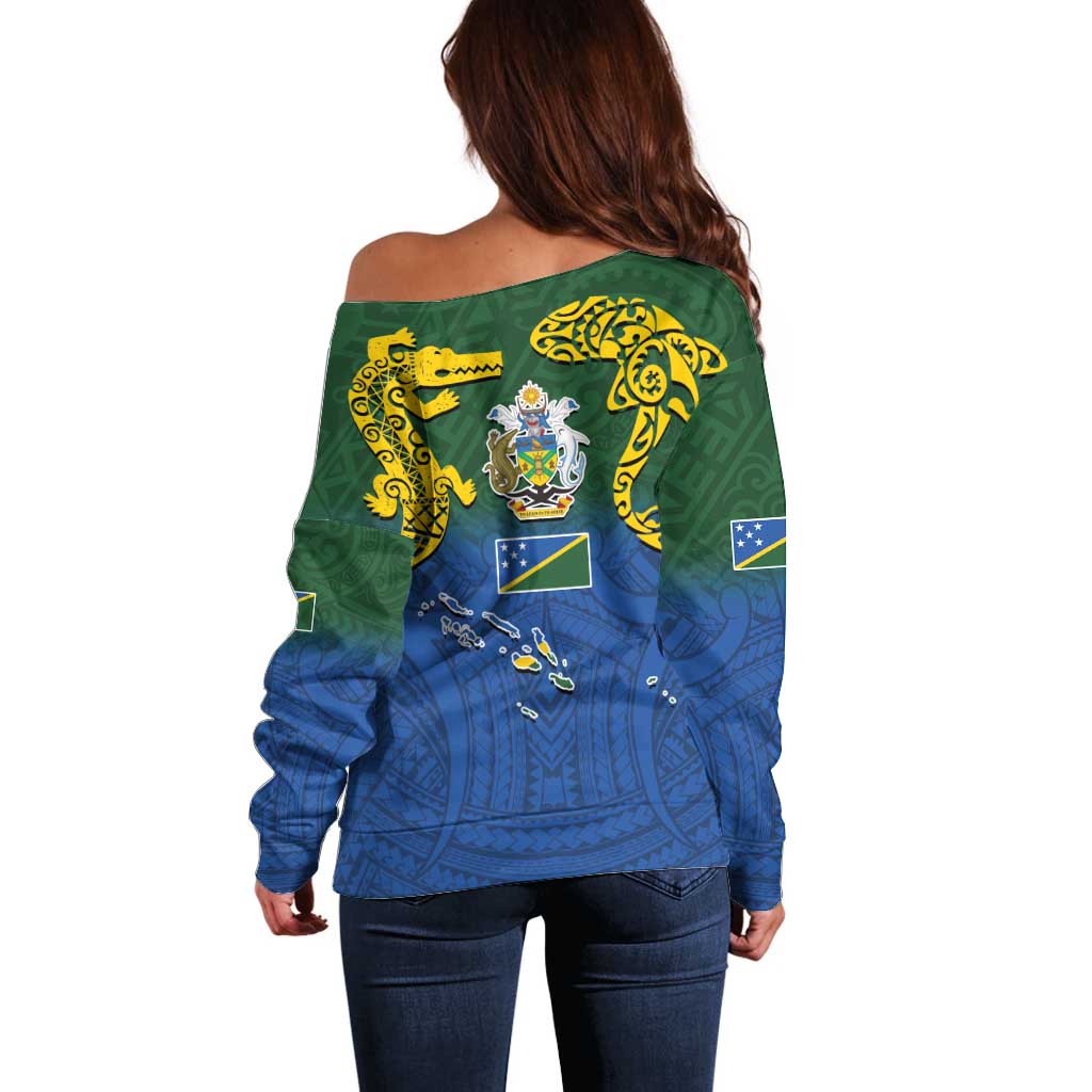 Solomon Islands Off Shoulder Sweater The Guardians-Tribal Crocodile and Shark Melanesian Tattoo
