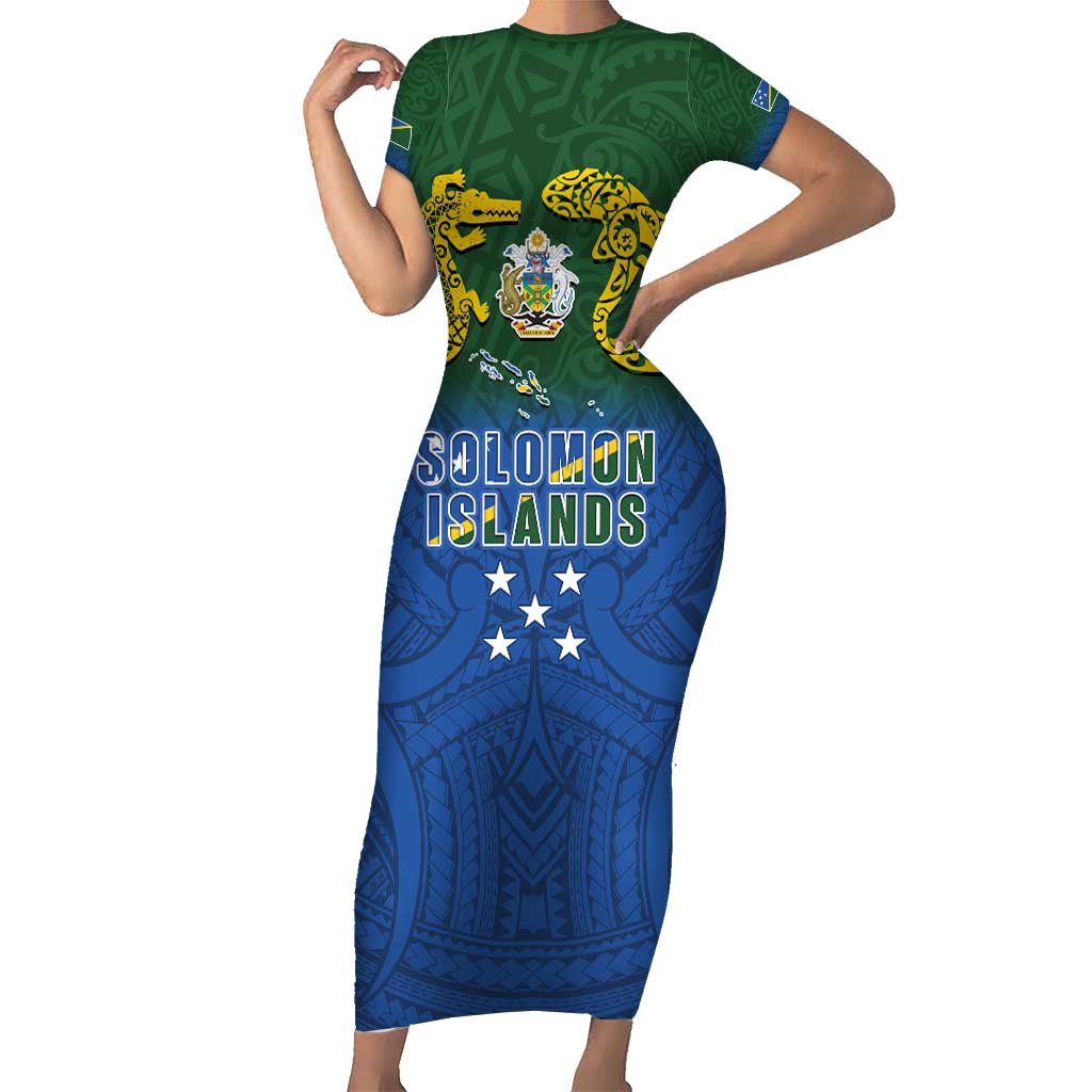 Solomon Islands Short Sleeve Bodycon Dress The Guardians-Tribal Crocodile and Shark Melanesian Tattoo