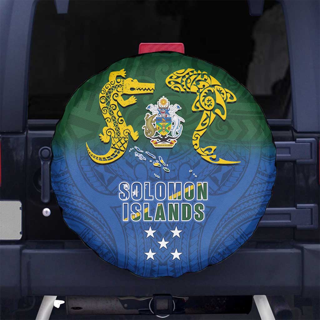 Solomon Islands Spare Tire Cover The Guardians-Tribal Crocodile and Shark Melanesian Tattoo