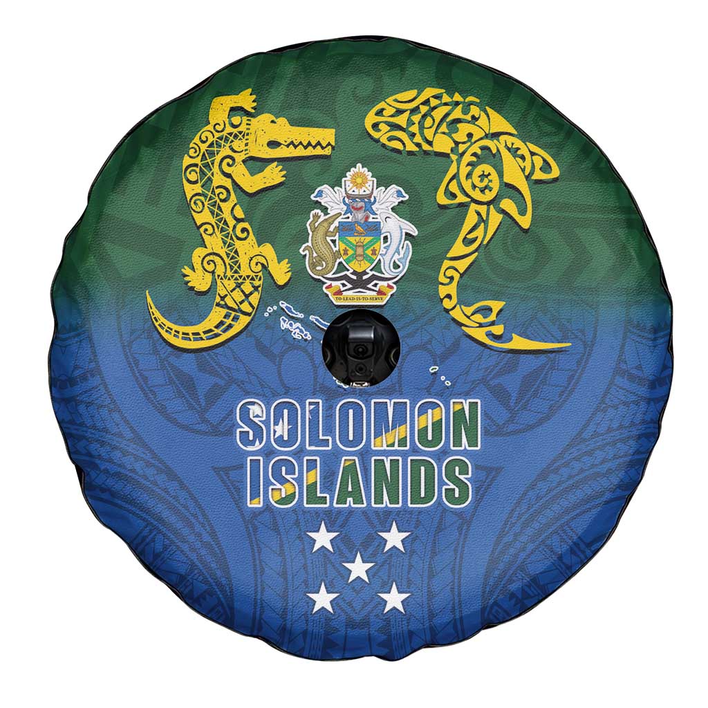 Solomon Islands Spare Tire Cover The Guardians-Tribal Crocodile and Shark Melanesian Tattoo