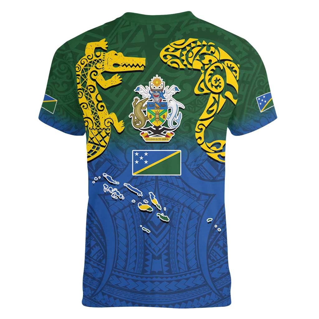 Solomon Islands Women V-Neck T-Shirt The Guardians-Tribal Crocodile and Shark Melanesian Tattoo