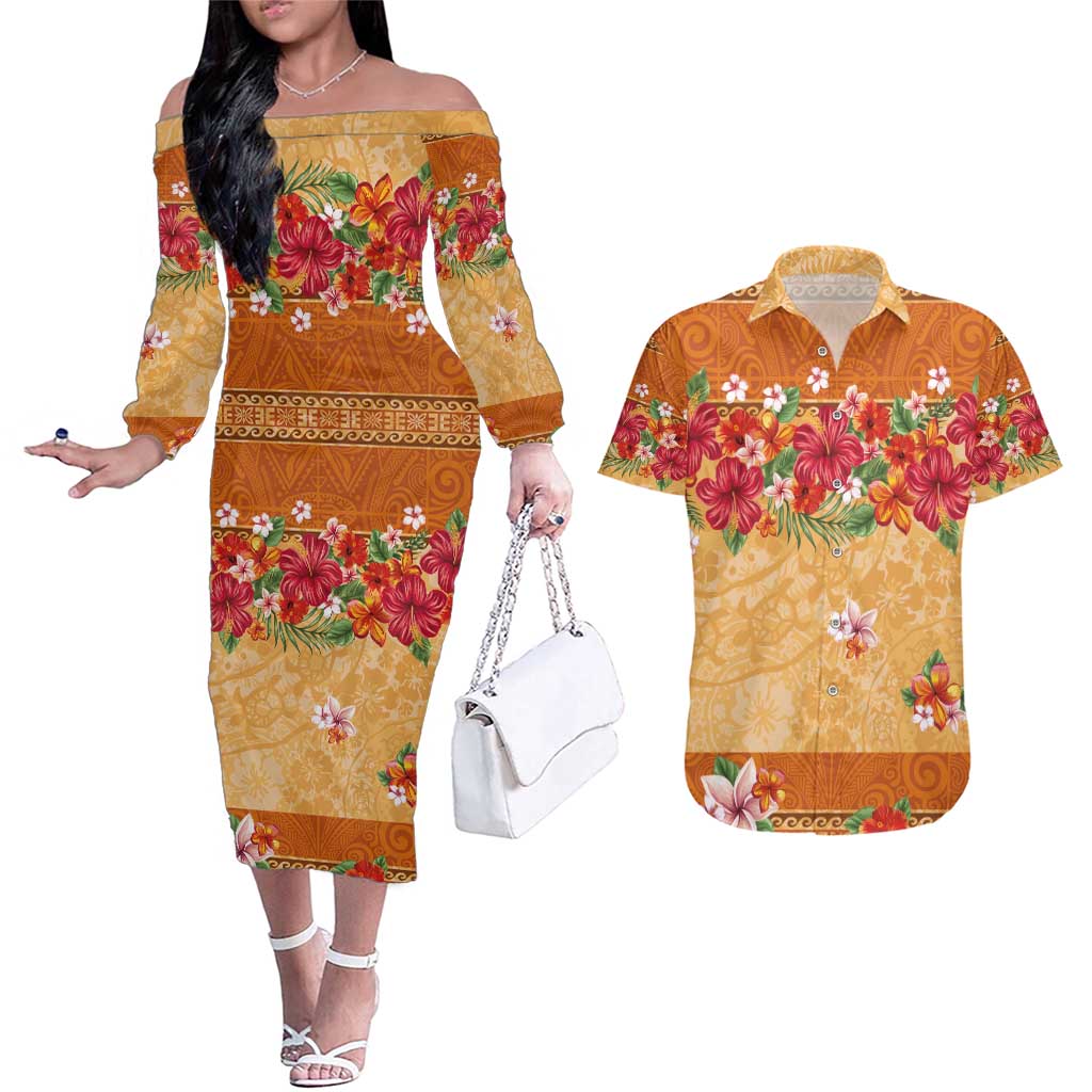 Hawaii Hibiscus Couples Matching Off The Shoulder Long Sleeve Dress and Hawaiian Shirt Turtles and Tribal Motifs Vintage Floral Style