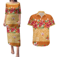Hawaii Hibiscus Couples Matching Puletasi and Hawaiian Shirt Turtles and Tribal Motifs Vintage Floral Style
