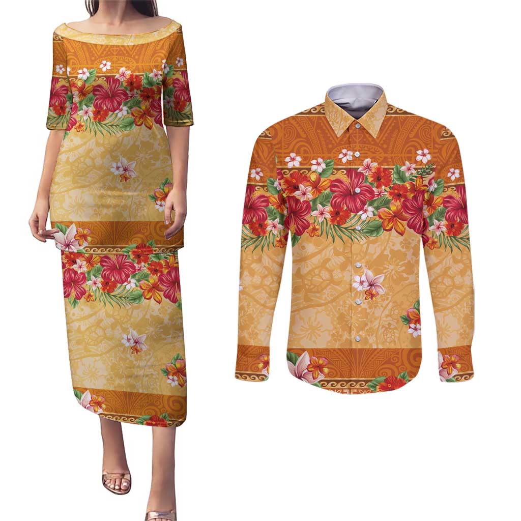 Hawaii Hibiscus Couples Matching Puletasi and Long Sleeve Button Shirt Turtles and Tribal Motifs Vintage Floral Style