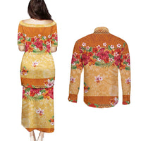 Hawaii Hibiscus Couples Matching Puletasi and Long Sleeve Button Shirt Turtles and Tribal Motifs Vintage Floral Style