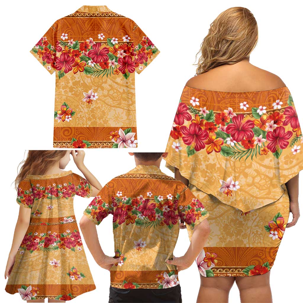 Hawaii Hibiscus Family Matching Off Shoulder Short Dress and Hawaiian Shirt Turtles and Tribal Motifs Vintage Floral Style
