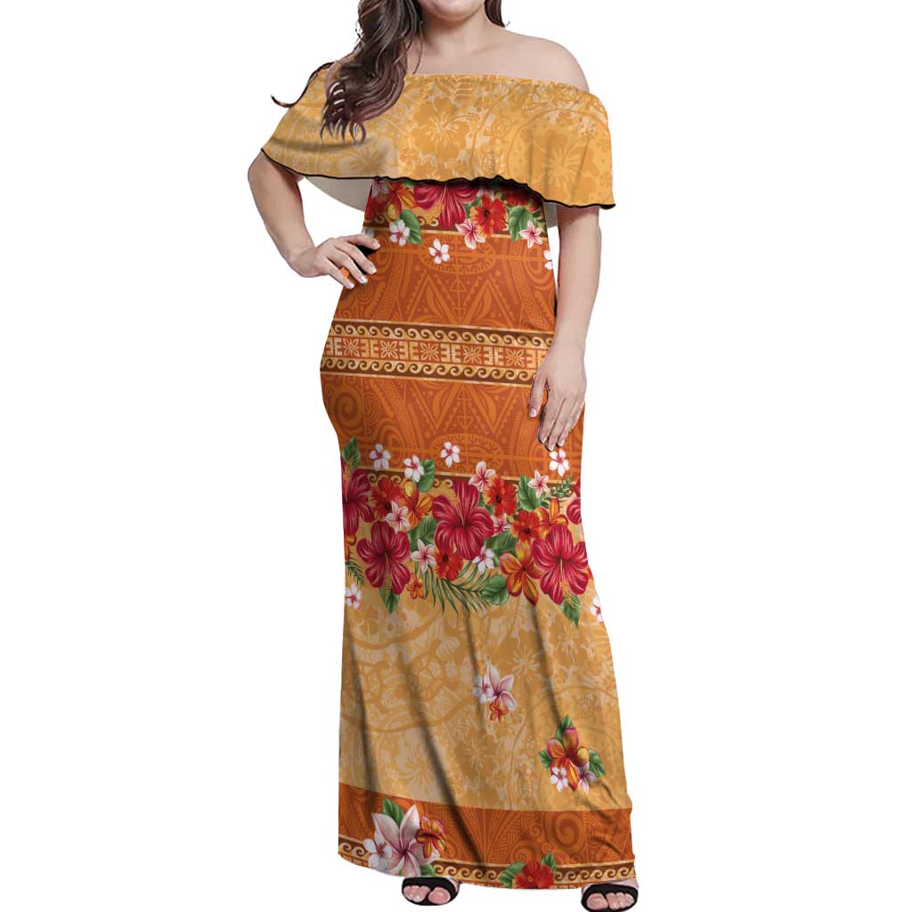 Hawaii Hibiscus Off Shoulder Maxi Dress Turtles and Tribal Motifs Vintage Floral Style