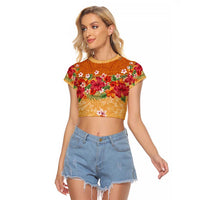 Hawaii Hibiscus Raglan Cropped T Shirt Turtles and Tribal Motifs Vintage Floral Style
