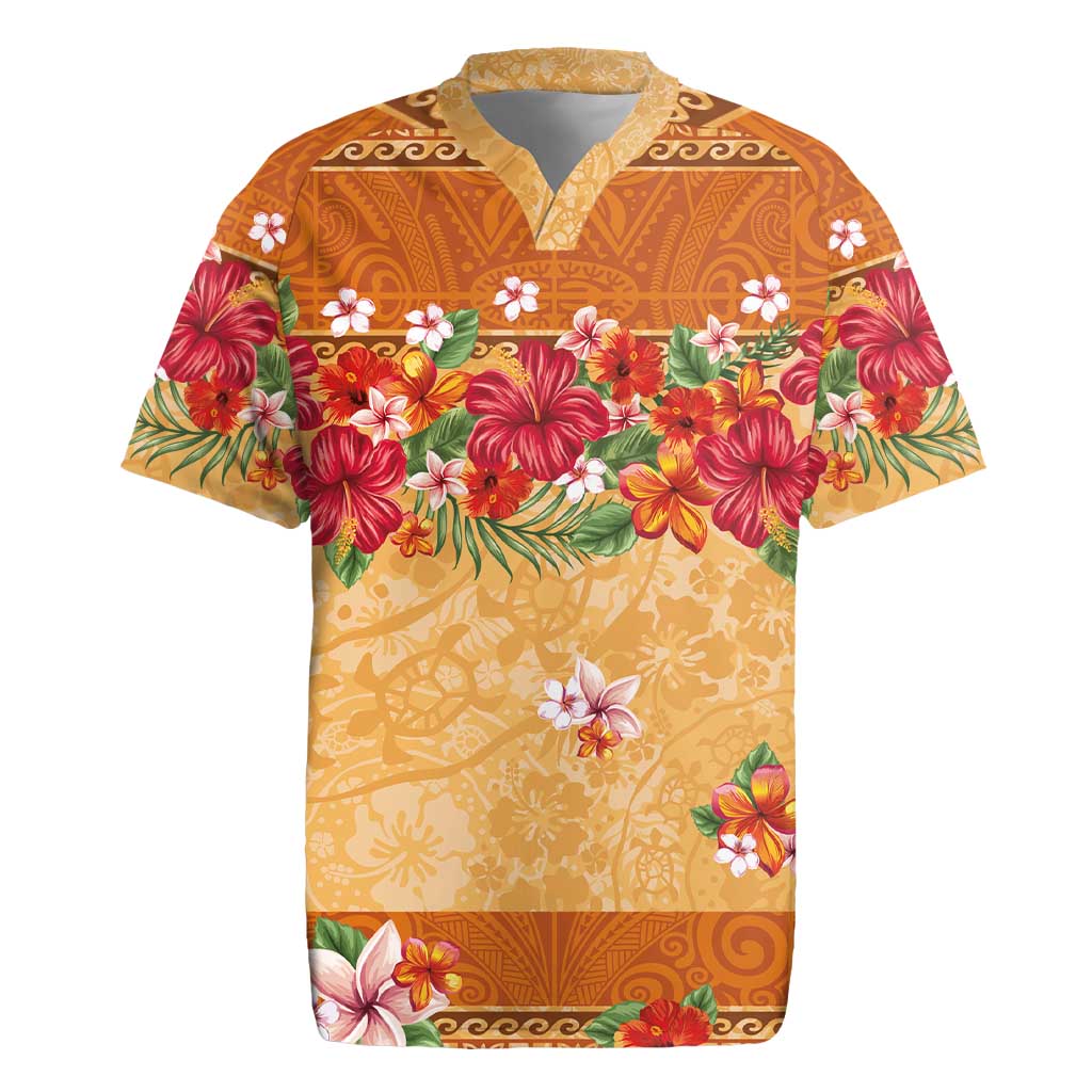 Hawaii Hibiscus Rugby Jersey Turtles and Tribal Motifs Vintage Floral Style