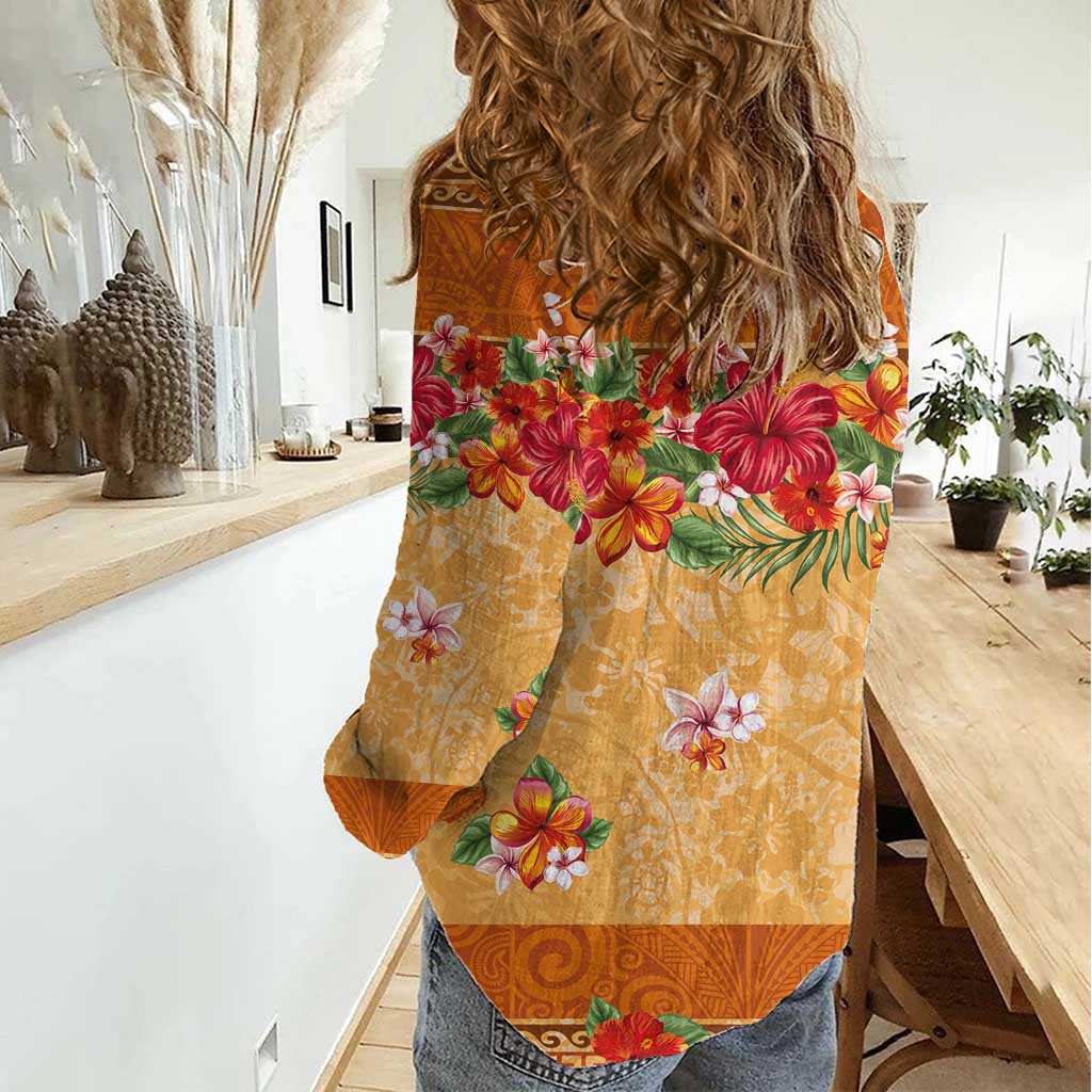 Hawaii Hibiscus Women Casual Shirt Turtles and Tribal Motifs Vintage Floral Style