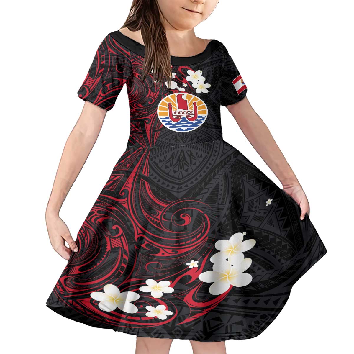 French Polynesia Tiare Day Family Matching Off The Shoulder Long Sleeve Dress and Hawaiian Shirt Seal and Polynesian Pattern