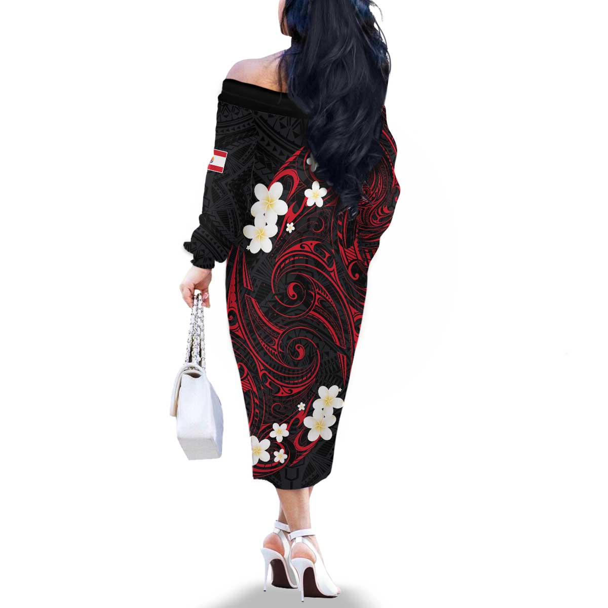 French Polynesia Tiare Day Family Matching Off The Shoulder Long Sleeve Dress and Hawaiian Shirt Seal and Polynesian Pattern