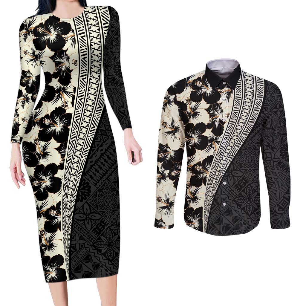 Bula Hibiscus Festival Couples Matching Long Sleeve Bodycon Dress and Long Sleeve Button Shirt Tapa Pattern Half Style