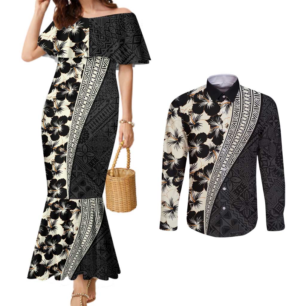 Bula Hibiscus Festival Couples Matching Mermaid Dress and Long Sleeve Button Shirt Tapa Pattern Half Style