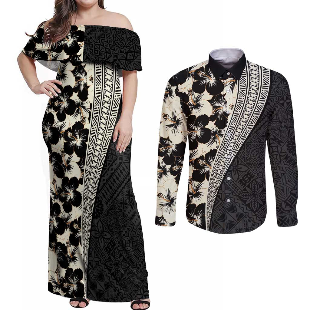 Bula Hibiscus Festival Couples Matching Off Shoulder Maxi Dress and Long Sleeve Button Shirt Tapa Pattern Half Style