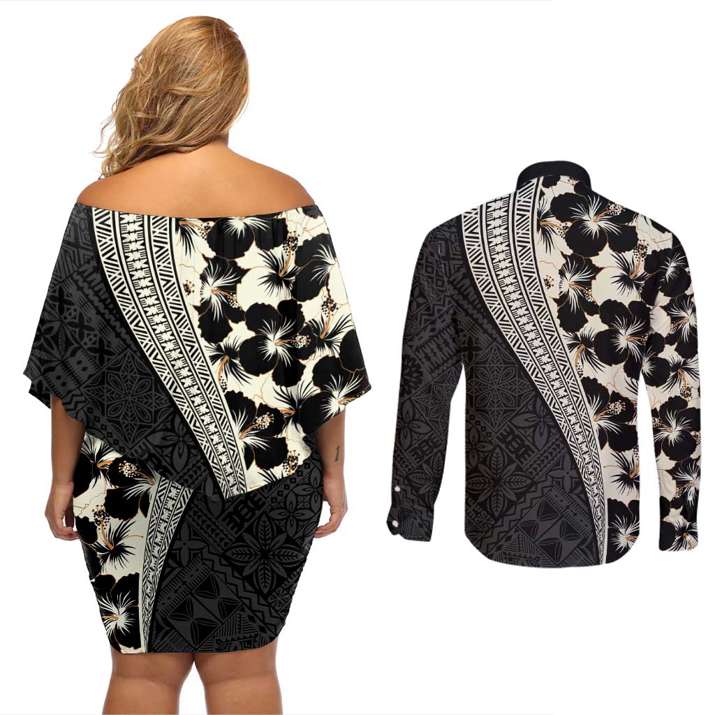 Bula Hibiscus Festival Couples Matching Off Shoulder Short Dress and Long Sleeve Button Shirt Tapa Pattern Half Style