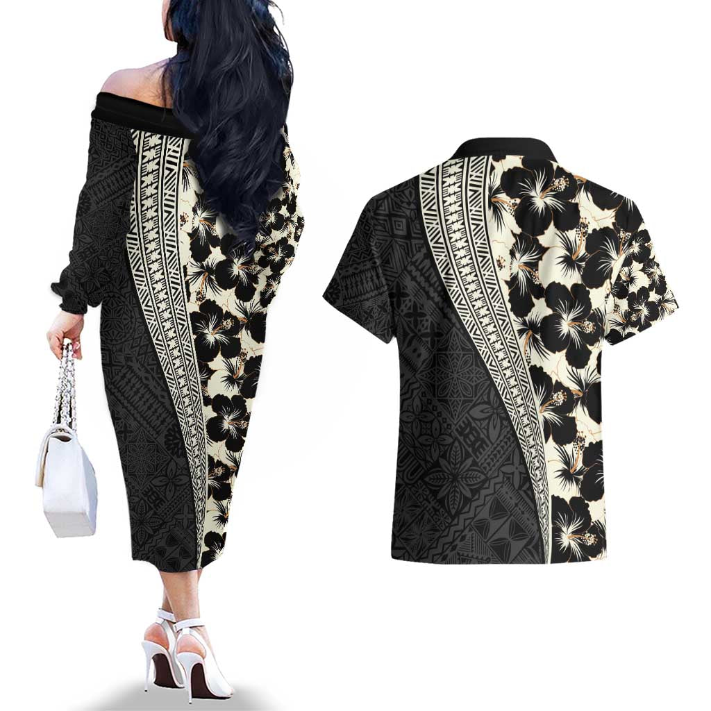 Bula Hibiscus Festival Couples Matching Off The Shoulder Long Sleeve Dress and Hawaiian Shirt Tapa Pattern Half Style