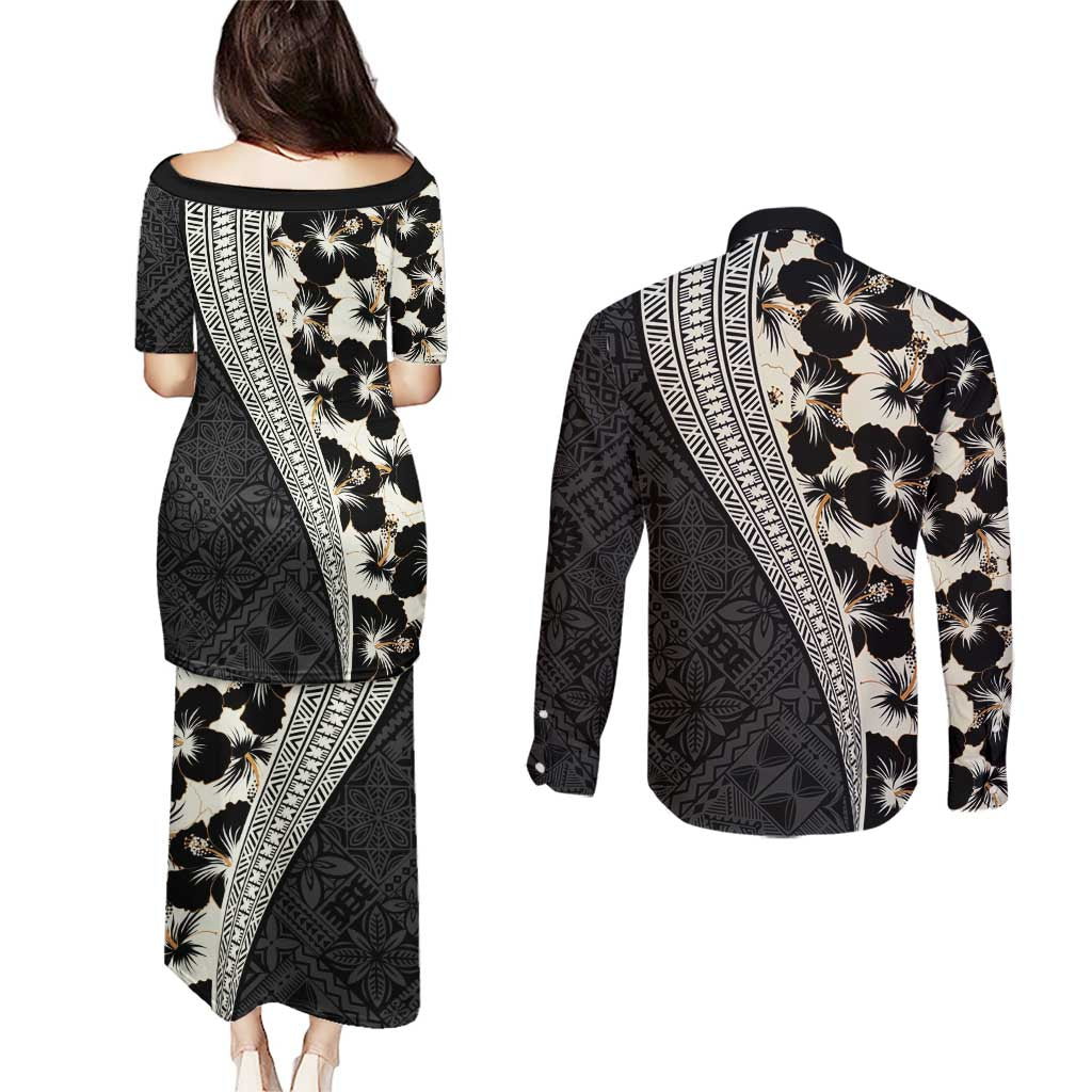 Bula Hibiscus Festival Couples Matching Puletasi and Long Sleeve Button Shirt Tapa Pattern Half Style