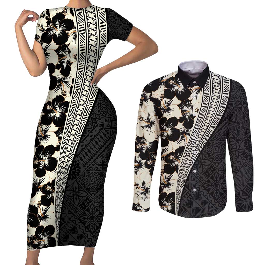 Bula Hibiscus Festival Couples Matching Short Sleeve Bodycon Dress and Long Sleeve Button Shirt Tapa Pattern Half Style