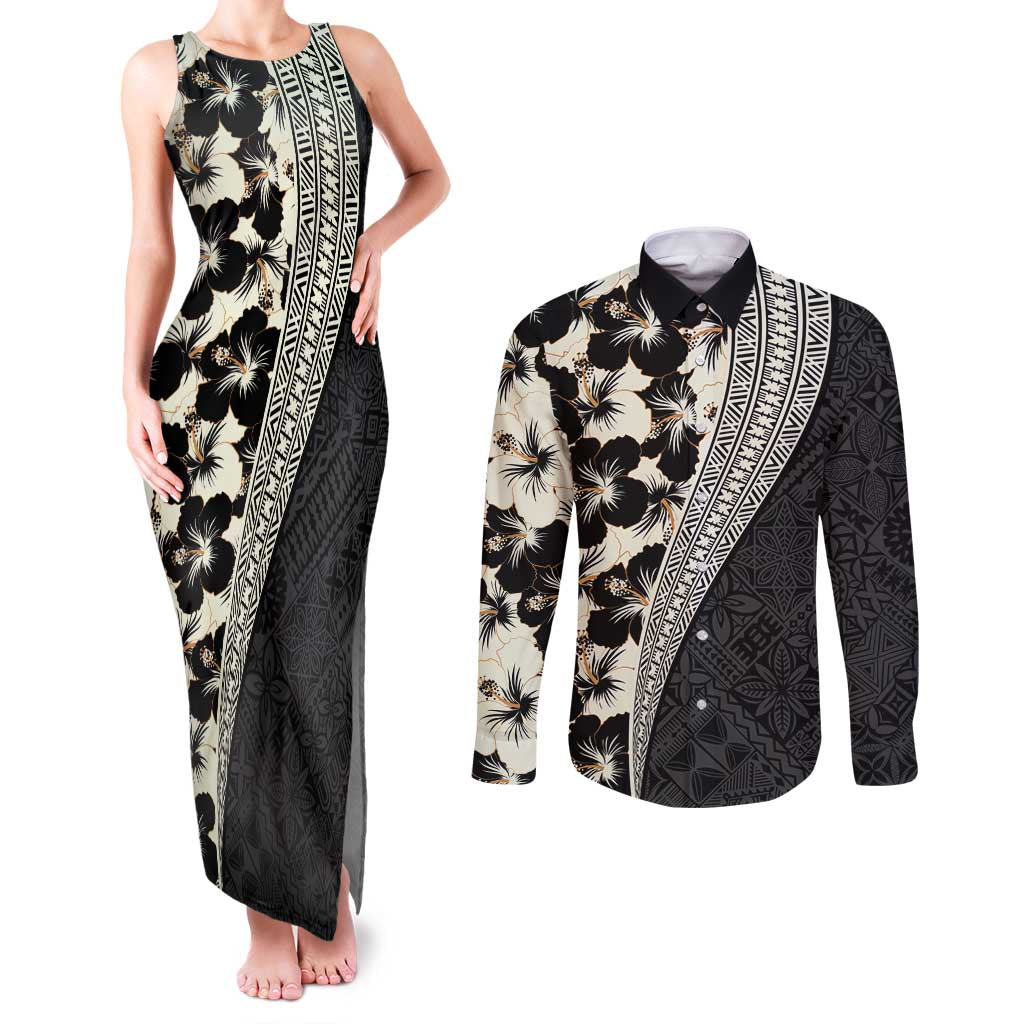 Bula Hibiscus Festival Couples Matching Tank Maxi Dress and Long Sleeve Button Shirt Tapa Pattern Half Style
