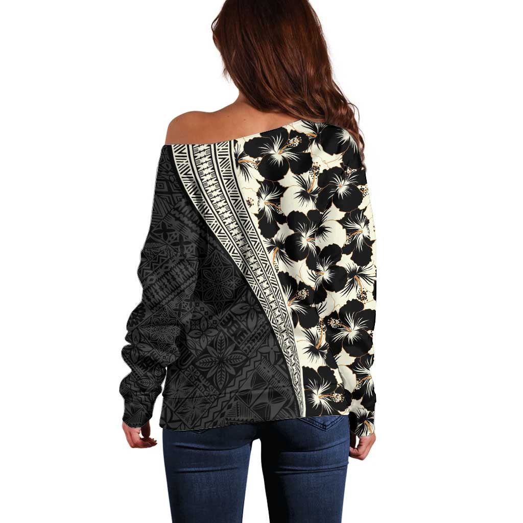 Bula Hibiscus Festival Off Shoulder Sweater Tapa Pattern Half Style