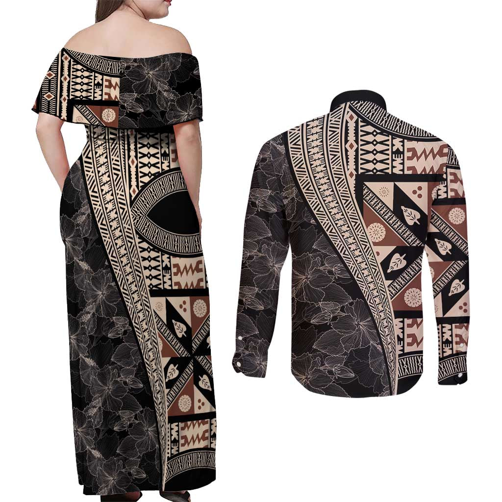 Bula Hibiscus Festival Couples Matching Off Shoulder Maxi Dress and Long Sleeve Button Shirt Fijian Masi Pattern Half Style