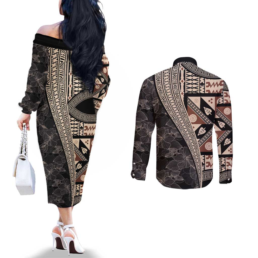 Bula Hibiscus Festival Couples Matching Off The Shoulder Long Sleeve Dress and Long Sleeve Button Shirt Fijian Masi Pattern Half Style