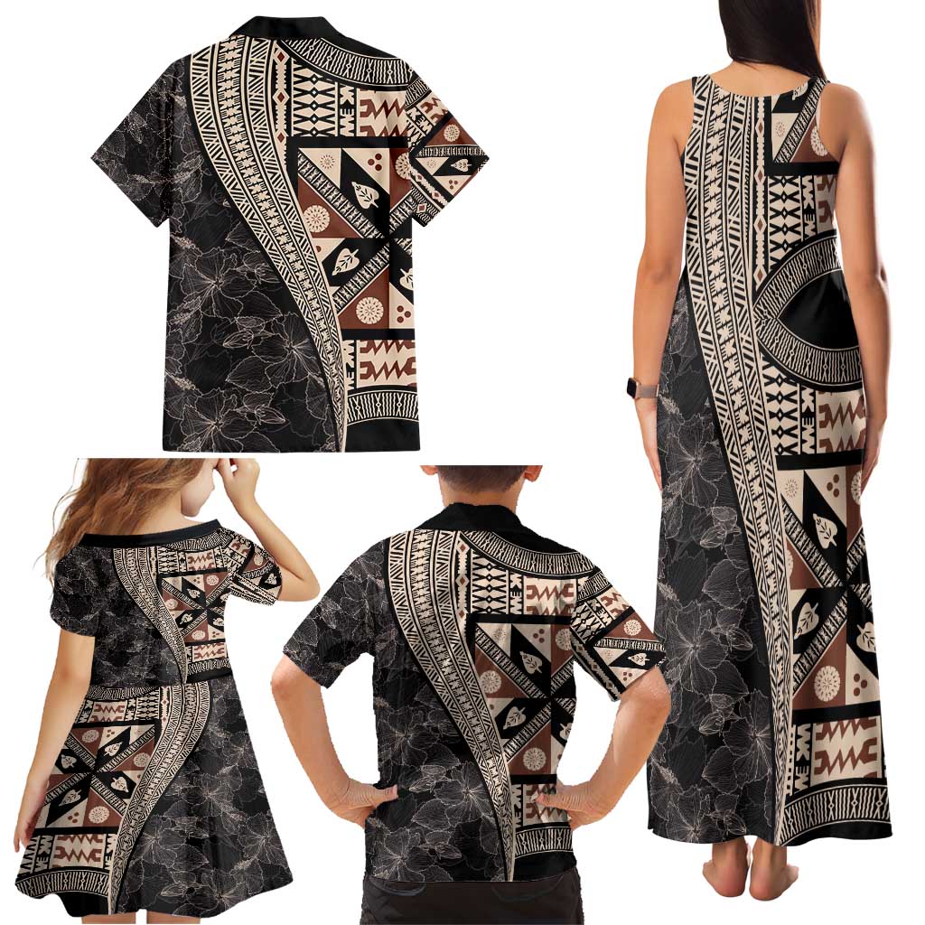 Bula Hibiscus Festival Family Matching Tank Maxi Dress and Hawaiian Shirt Fijian Masi Pattern Half Style