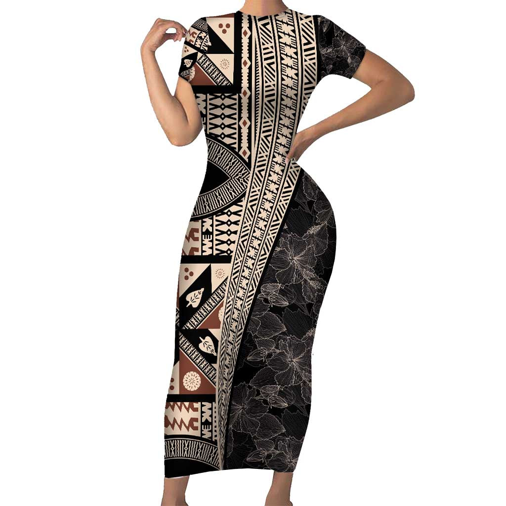 Bula Hibiscus Festival Short Sleeve Bodycon Dress Fijian Masi Pattern Half Style