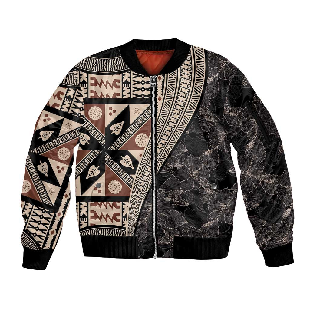 Bula Hibiscus Festival Sleeve Zip Bomber Jacket Fijian Masi Pattern Half Style