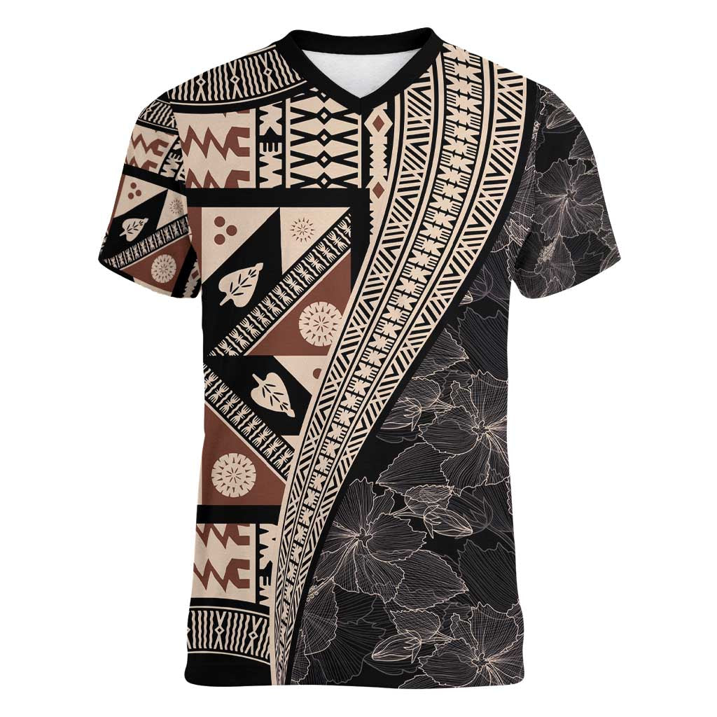 Bula Hibiscus Festival Women V-Neck T-Shirt Fijian Masi Pattern Half Style