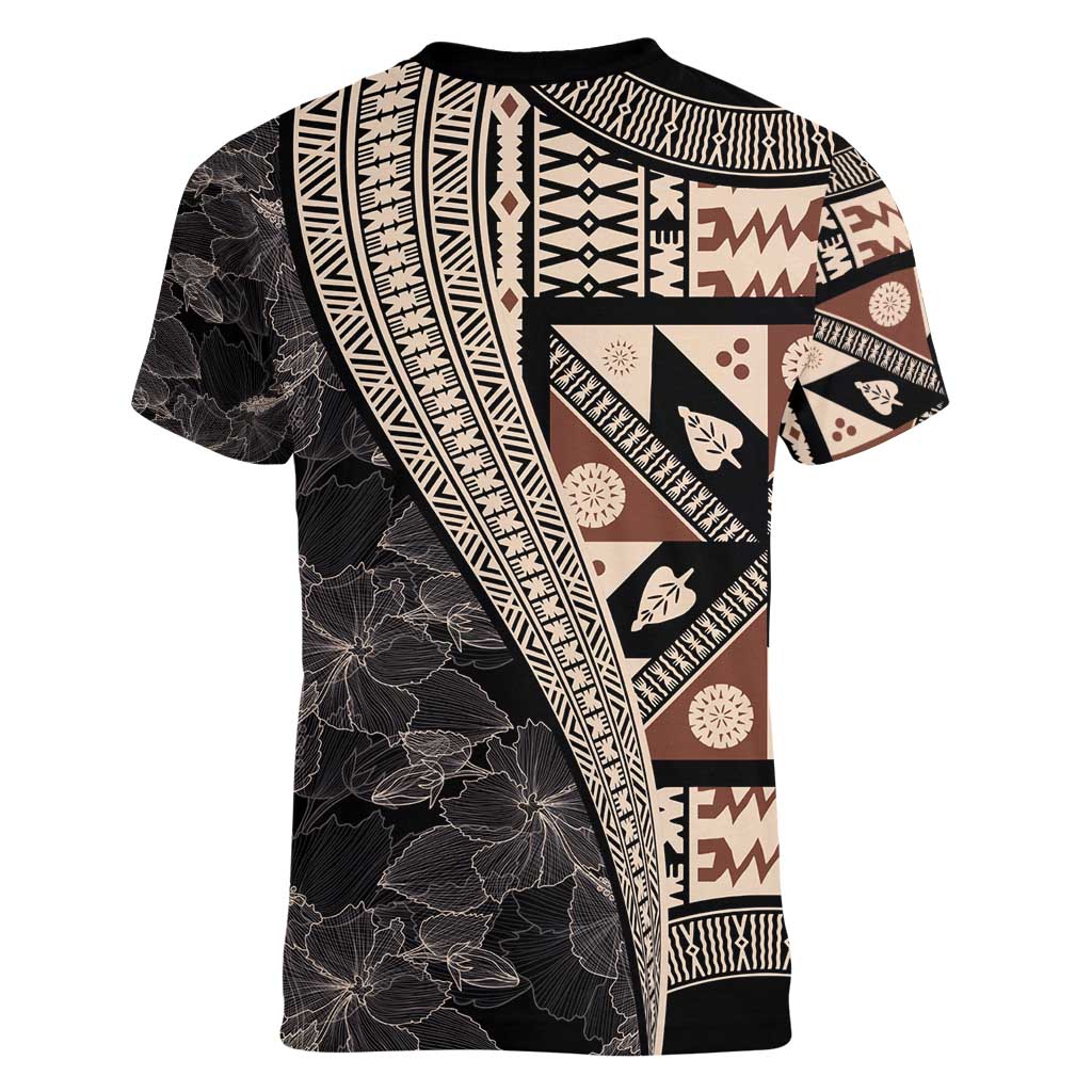 Bula Hibiscus Festival Women V-Neck T-Shirt Fijian Masi Pattern Half Style