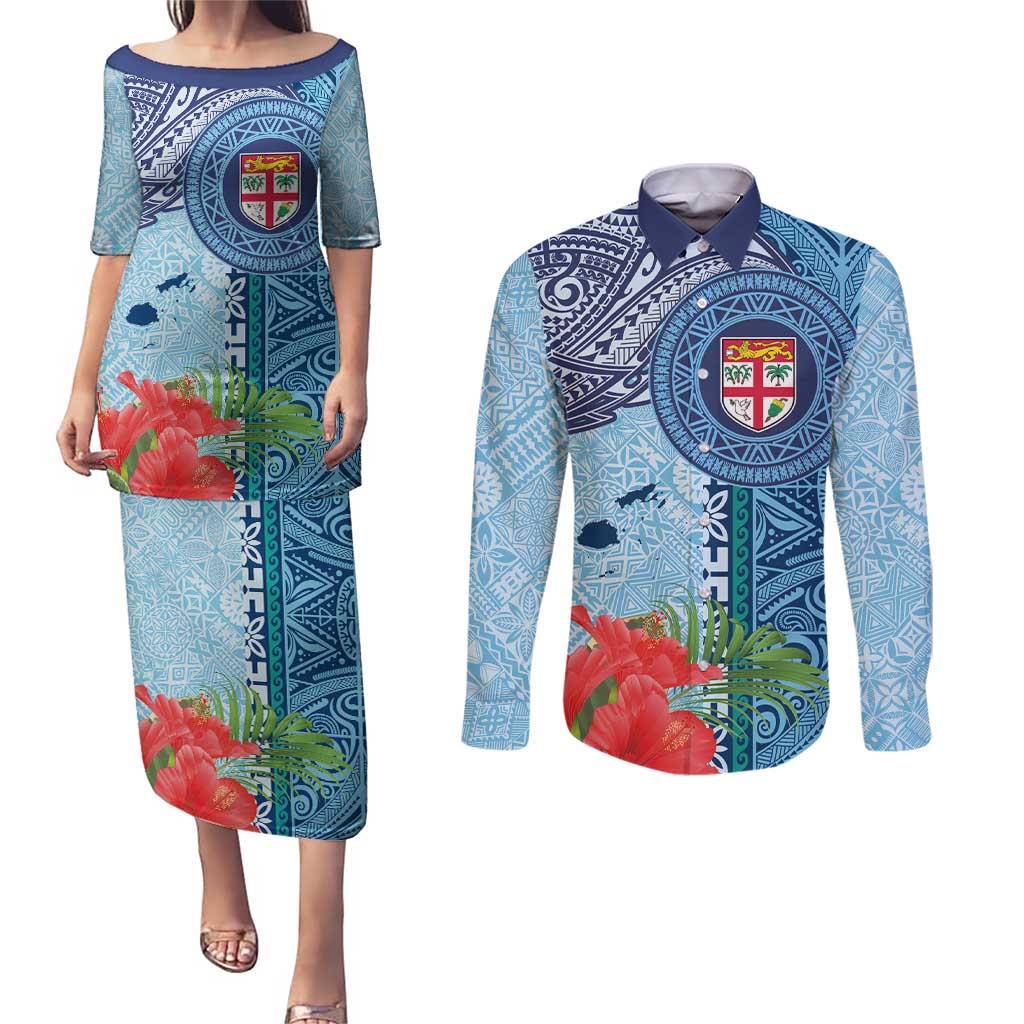 Fiji Day Couples Matching Puletasi and Long Sleeve Button Shirt Tapa Pattern and Hibiscus Flower