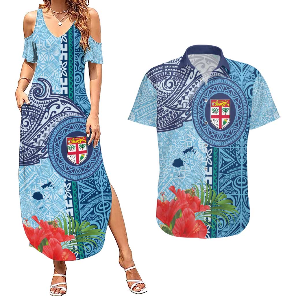 Fiji Day Couples Matching Summer Maxi Dress and Hawaiian Shirt Tapa Pattern and Hibiscus Flower
