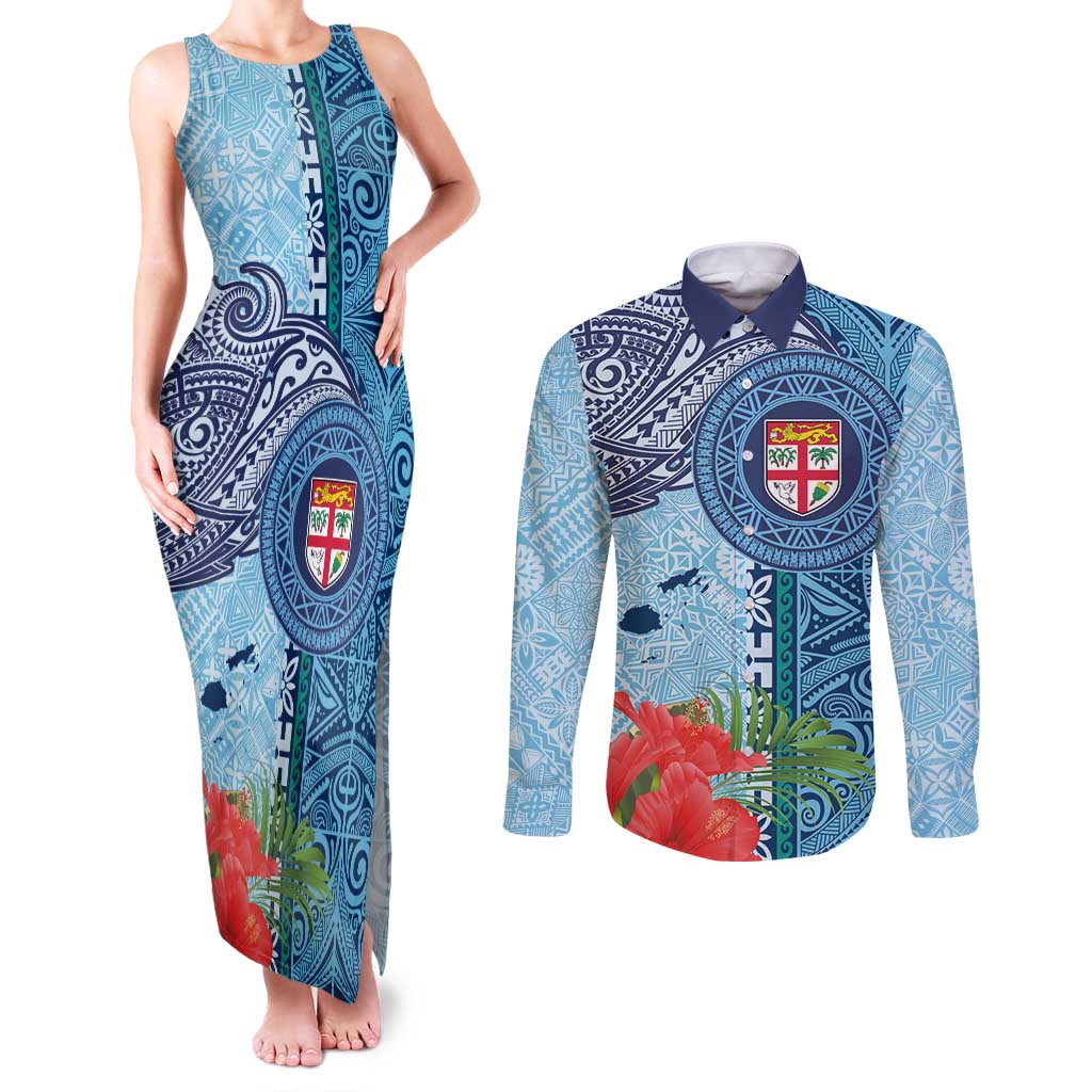 Fiji Day Couples Matching Tank Maxi Dress and Long Sleeve Button Shirt Tapa Pattern and Hibiscus Flower
