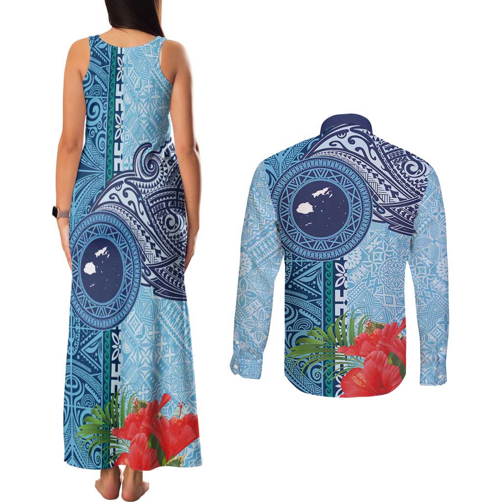 Fiji Day Couples Matching Tank Maxi Dress and Long Sleeve Button Shirt Tapa Pattern and Hibiscus Flower