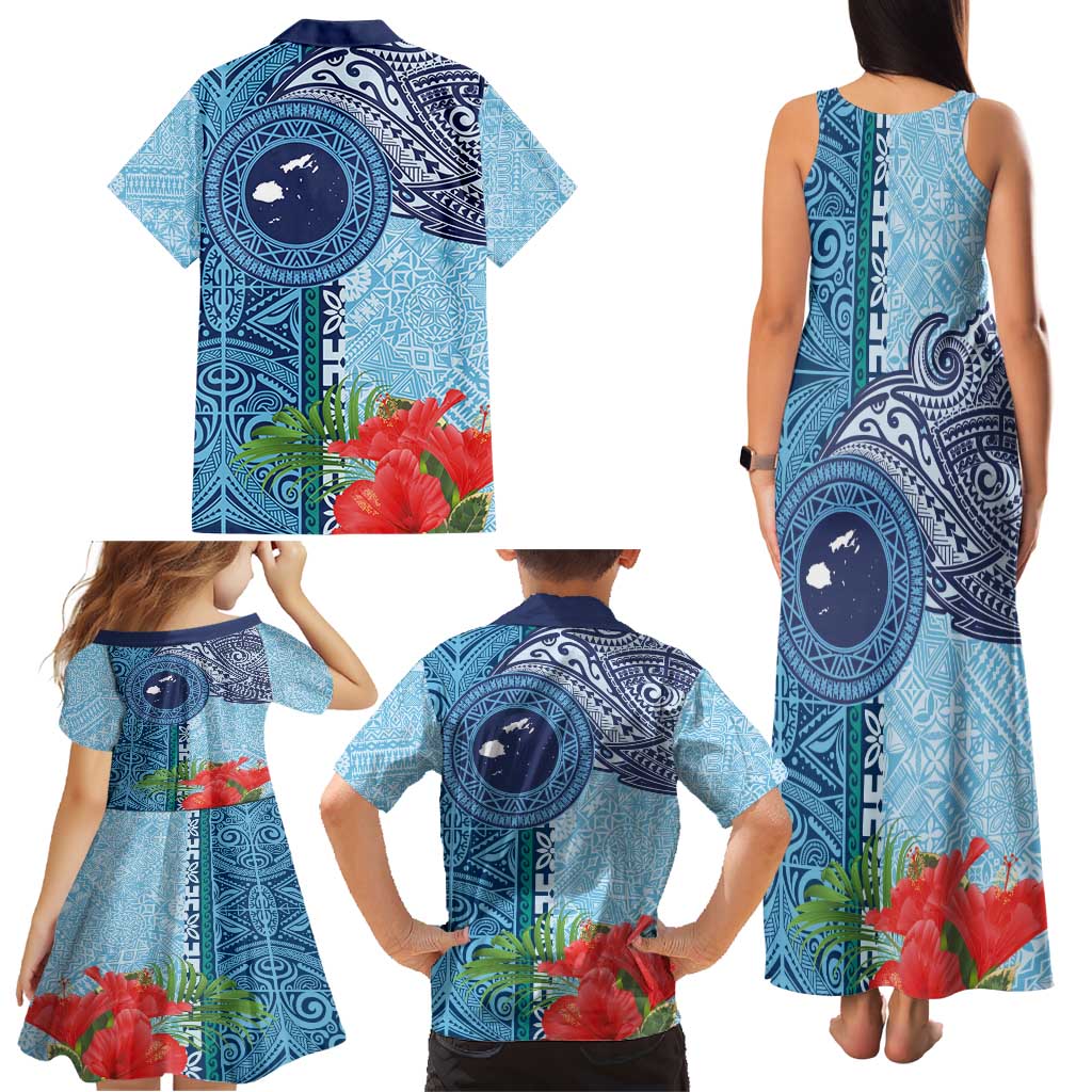 Fiji Day Family Matching Tank Maxi Dress and Hawaiian Shirt Tapa Pattern and Hibiscus Flower
