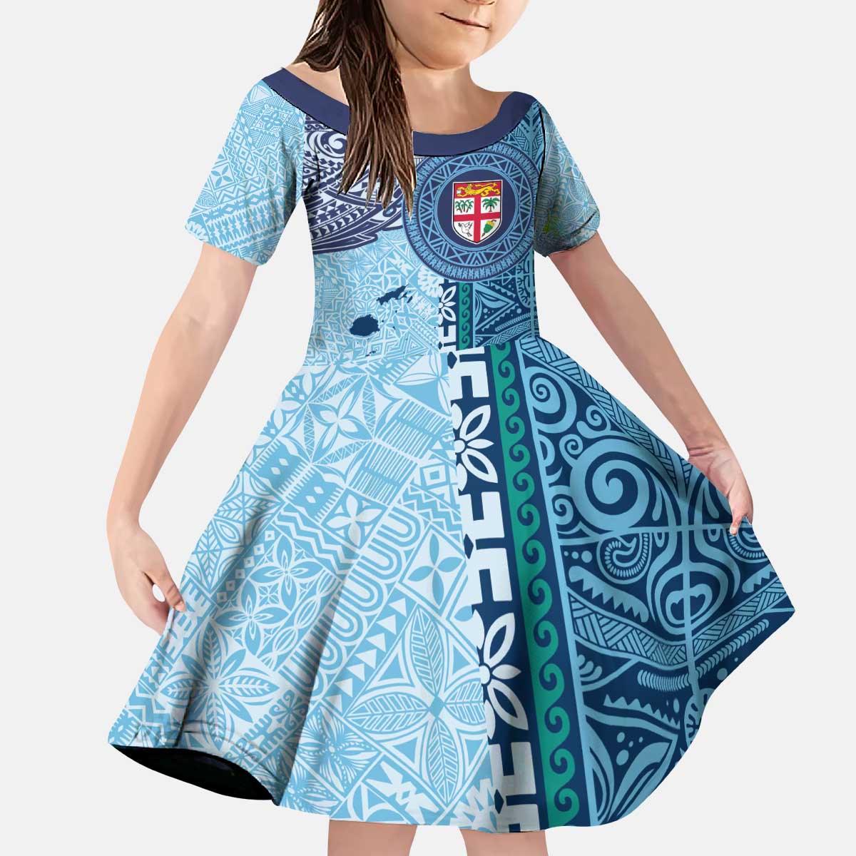 Fiji Day Kid Short Sleeve Dress Tapa Pattern and Hibiscus Flower