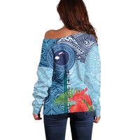Fiji Day Off Shoulder Sweater Tapa Pattern and Hibiscus Flower