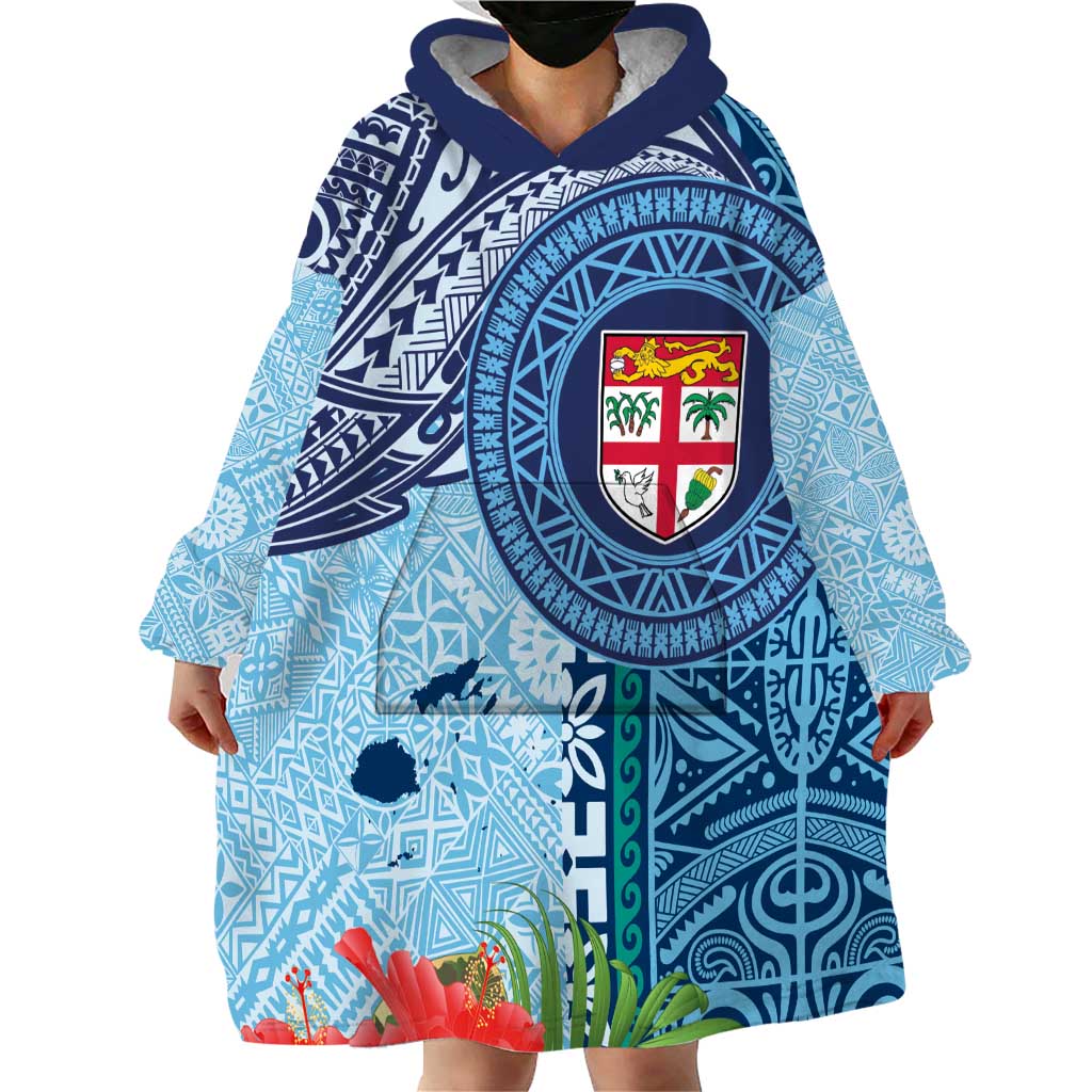 Fiji Day Wearable Blanket Hoodie Tapa Pattern and Hibiscus Flower