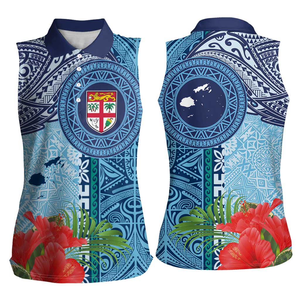 Fiji Day Women Sleeveless Polo Shirt Tapa Pattern and Hibiscus Flower