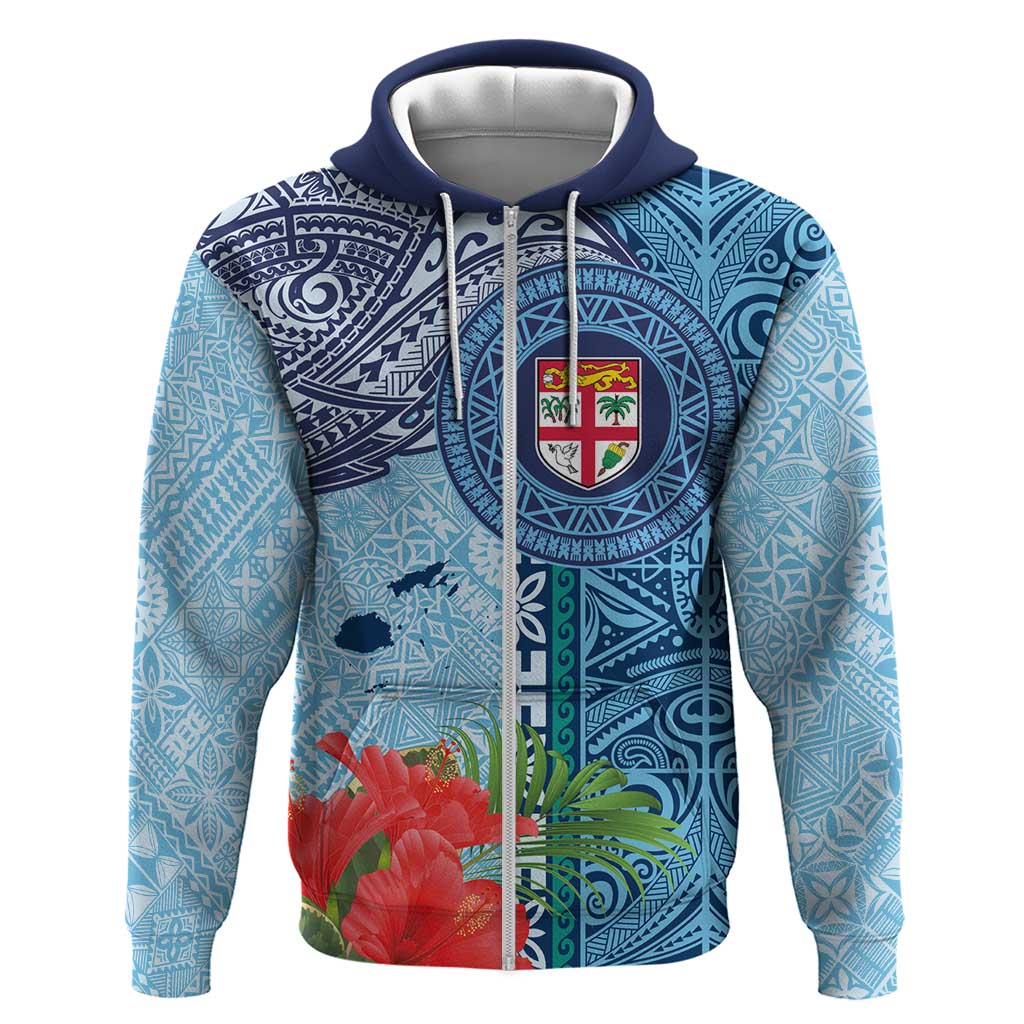 Fiji Day Zip Hoodie Tapa Pattern and Hibiscus Flower