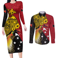 Papua New Guinea Independence Day Couples Matching Long Sleeve Bodycon Dress and Long Sleeve Button Shirt Bird-of-Paradise with Map and Polynesian Pattern