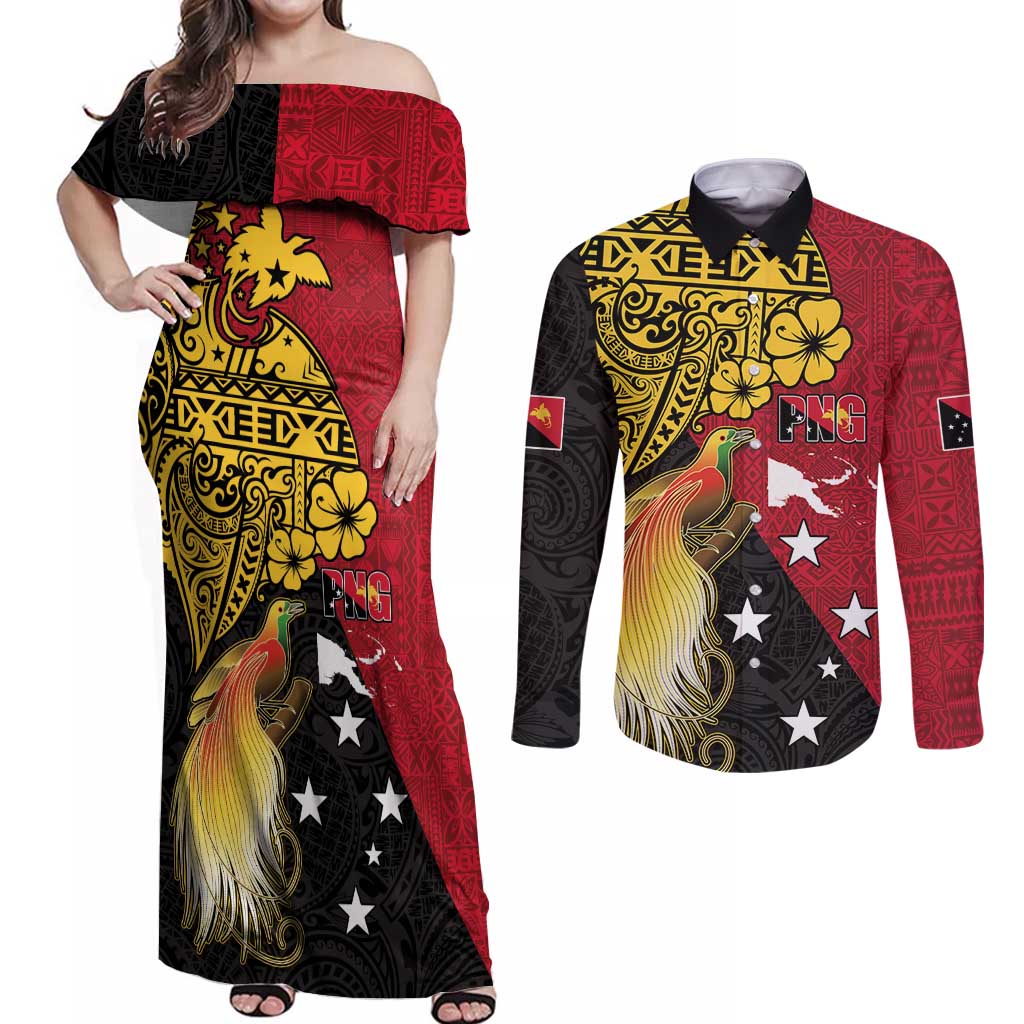 Papua New Guinea Independence Day Couples Matching Off Shoulder Maxi Dress and Long Sleeve Button Shirt Bird-of-Paradise with Map and Polynesian Pattern