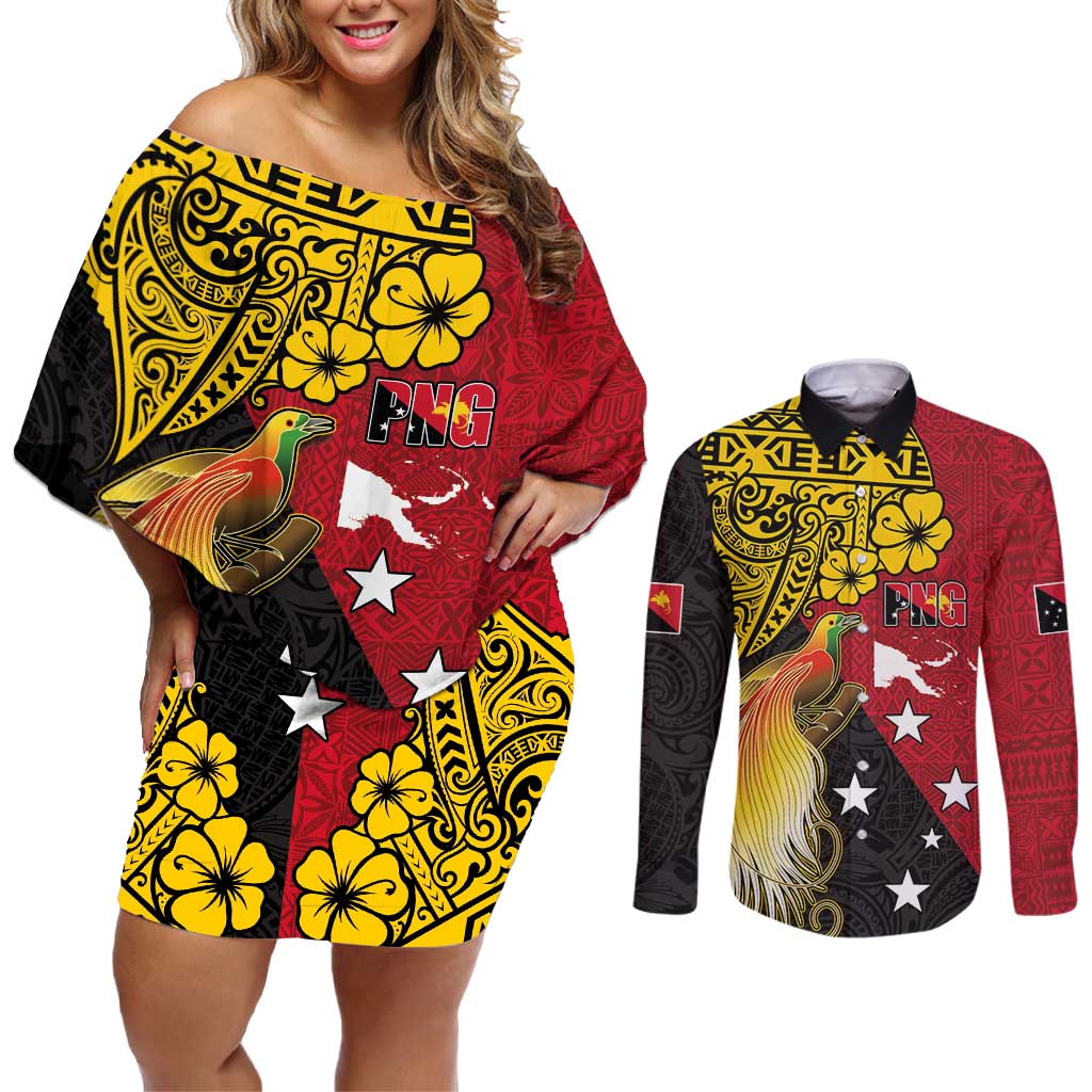 Papua New Guinea Independence Day Couples Matching Off Shoulder Short Dress and Long Sleeve Button Shirt Bird-of-Paradise with Map and Polynesian Pattern