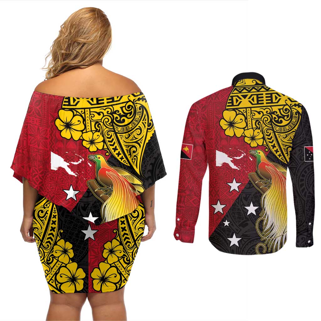Papua New Guinea Independence Day Couples Matching Off Shoulder Short Dress and Long Sleeve Button Shirt Bird-of-Paradise with Map and Polynesian Pattern