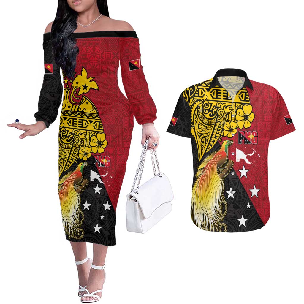 Papua New Guinea Independence Day Couples Matching Off The Shoulder Long Sleeve Dress and Hawaiian Shirt Bird-of-Paradise with Map and Polynesian Pattern