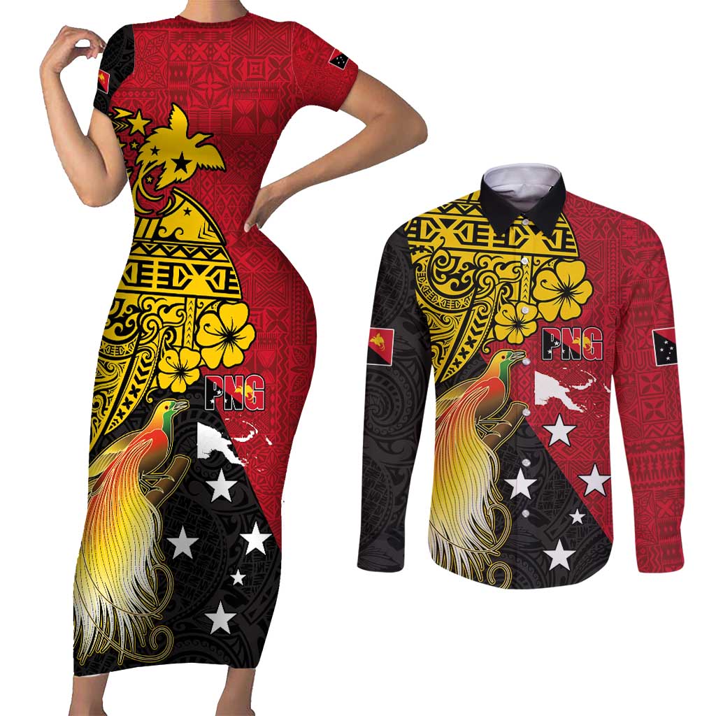 Papua New Guinea Independence Day Couples Matching Short Sleeve Bodycon Dress and Long Sleeve Button Shirt Bird-of-Paradise with Map and Polynesian Pattern