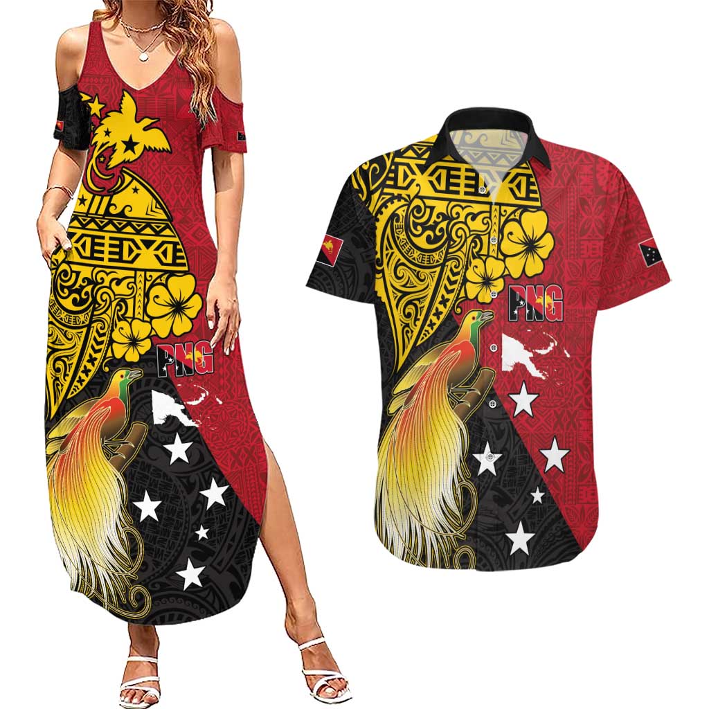 Papua New Guinea Independence Day Couples Matching Summer Maxi Dress and Hawaiian Shirt Bird-of-Paradise with Map and Polynesian Pattern